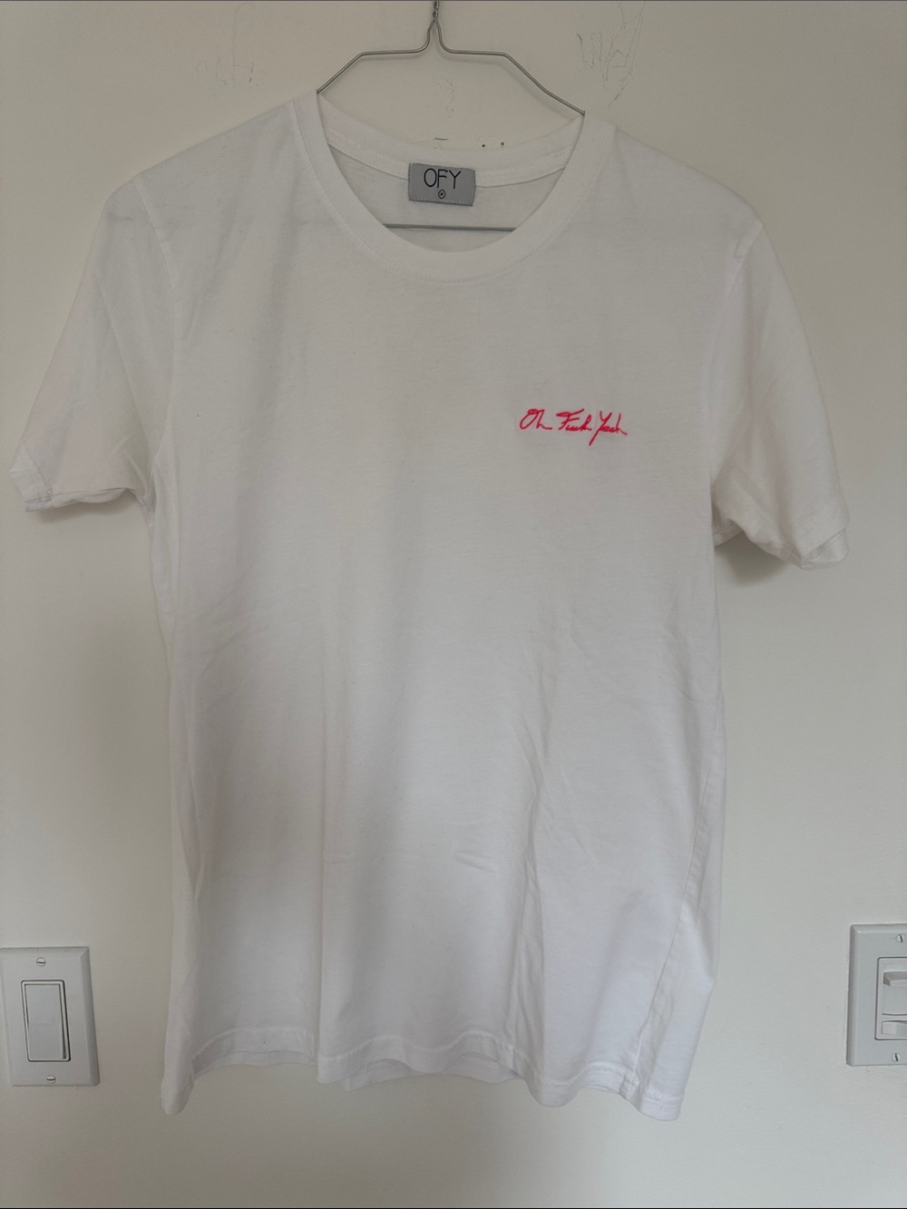 OFY Miami White Short-Sleeve Crewneck T-Shirt with Pink Script Logo